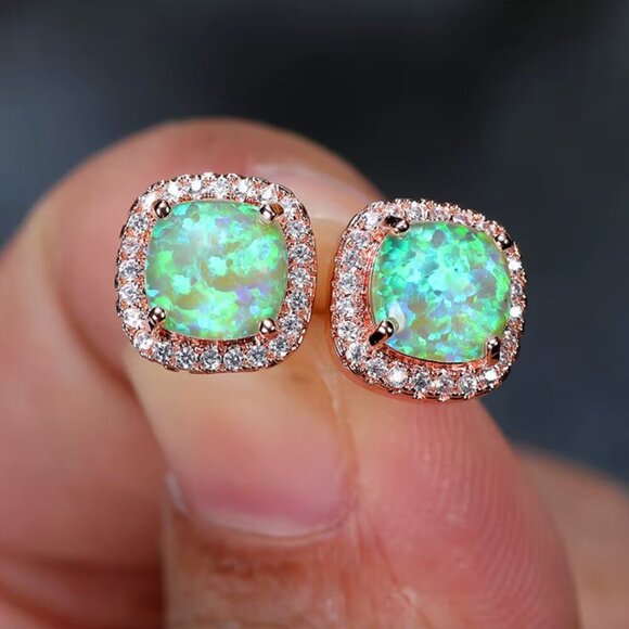 NEW 18k Rose Gold Green Opal Diamond Earrings Cushion Cut Stud Earrings - Picture 1 of 4